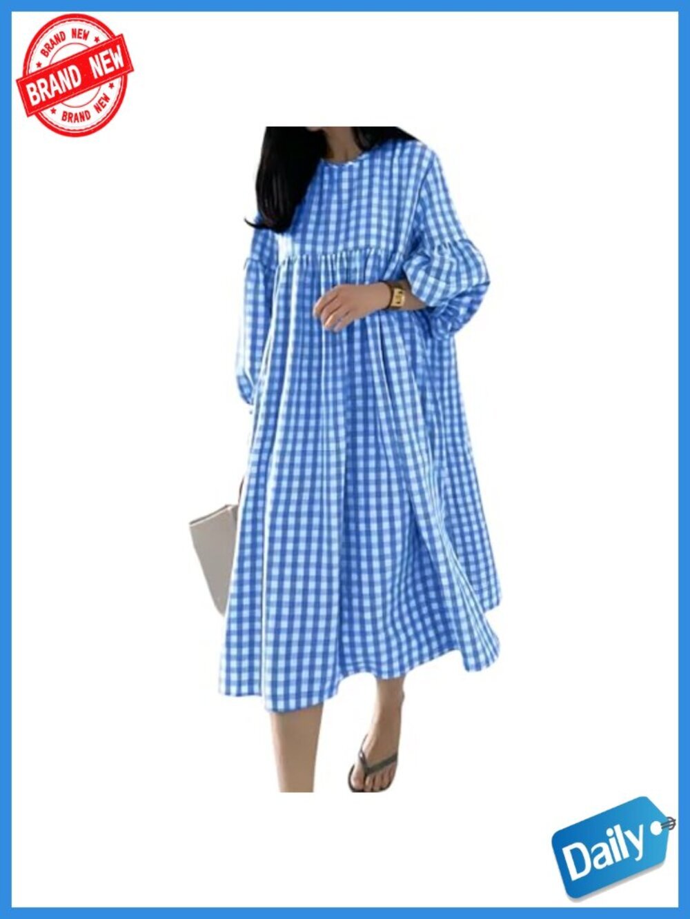Retro Plaid Lantern Sleeve Swing Midi Dress with Puff Sleeves